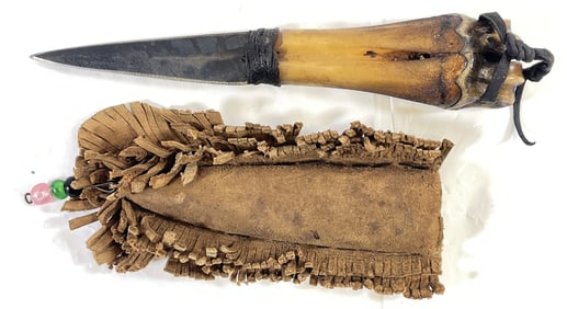 19th Century Native American Bone Handle Knife & Sheath