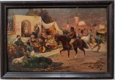Orientalist Bazaar Market O/B Painting Signed Ty Wolsky