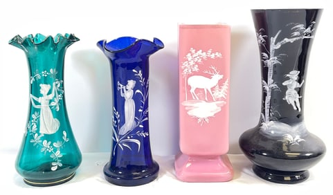 Lot of 4 Victorian Mary Gregory Glass Vases