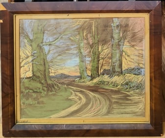 Illegibly Signed MCM Pastel of a Treed Landscape
