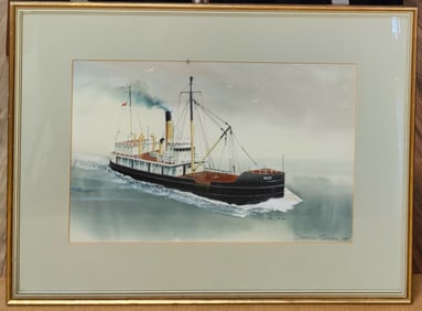Steven Cryan Gouache Illustration of a Steamship at Power