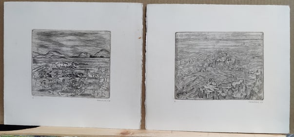 Pair of Edith Kramer Desert and Mountain Landscape Etchings