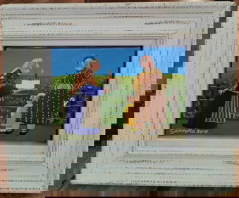 Gunnella O/C Folk Art First Birthday Cake Titled Happy Birthday