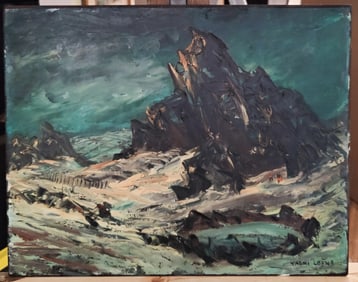 Naomi Lorne c. 1950s Impasto O/B Dark Rocky Seascape