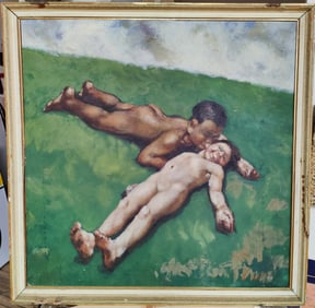 Illegibly Signed Modern O/B Nude Couple in a Meadow