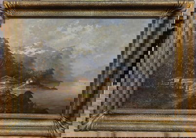 Illegibly Signed Village Seaside Mountain Landscape