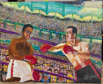 Paolo Corvino Large O/C Outsider Art Boxing Match c. 1970s
