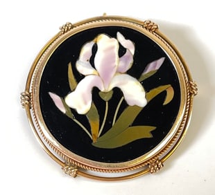 Victorian 17k Yellow Gold Pietra Dura Pendant / Brooch
