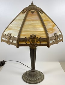 Antique 8 Panel Caramel Slag Glass Table Lamp