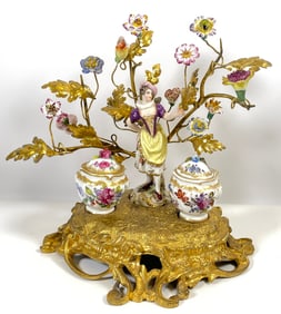 Figural Dore Bronze Double Inkwell with Porcelain Flowers