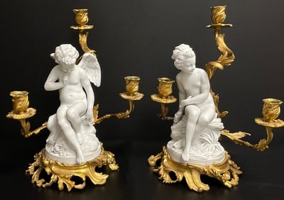 Pair Sevres Bisque Nude Figures with Bronze Candlesticks