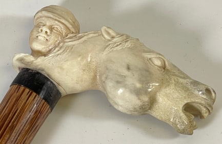 Vintage Carved Bone Walking Stick Depicting Horse & Jockey