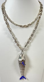 Mid Century Silver Italian Articulated Fish on Custom Link Chain