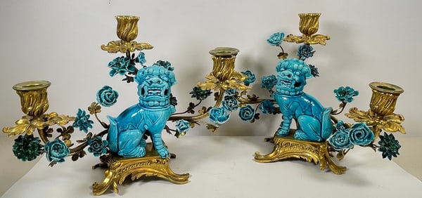 Louis XV Attb Antoine Crosnier Chinoserie Turquoise Glazed Foo Dog Candelabras