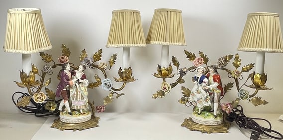 Pair Dore Bronze Mounted Porcelain Grouping Mounted as Lamps