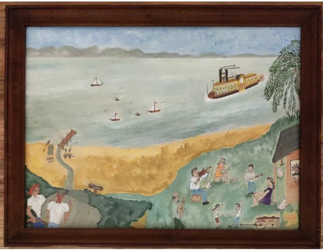 Hoedown at the River, Folk Art Signed Curly and Pink Pig (1 of 4)