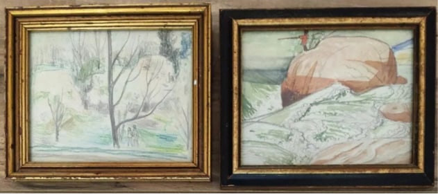 Pair Petro Cholodny or Kholodny Jr Pencil Landscapes