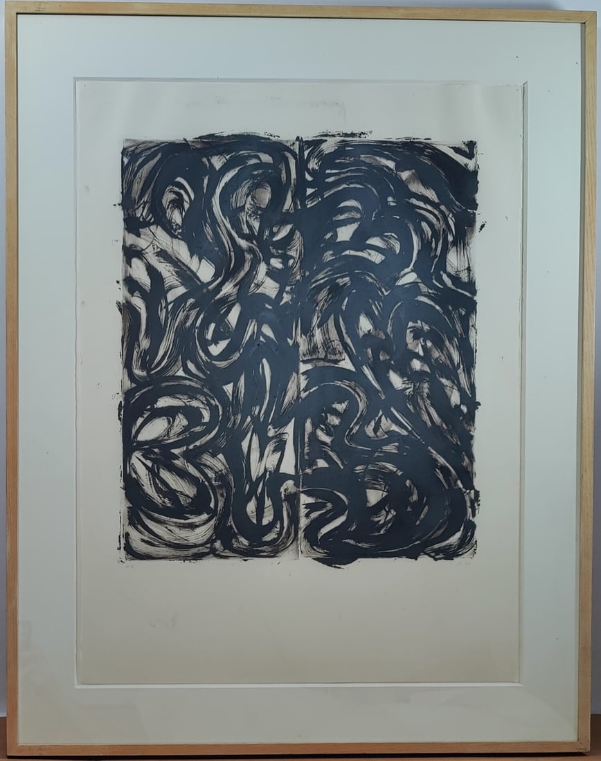 Julian Lethbridge Gouache Abstract Work on Paper 1983: Julian Lethbridge (New York, b. 1947 - ) Contemporary abstract expressionist work in black gouache, graphite and India ink on Fabriano paper. Very good condition under glass. The glass looks to have s