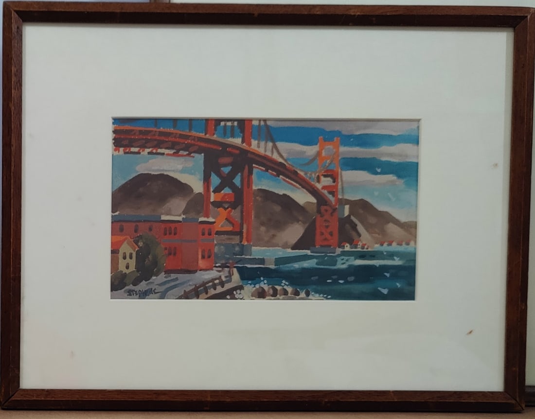 Richard Stephens W/C The Golden Gate Bridge c. 1950s: Richard Stephens (California, 1892 - 1967) W/C of the Golden Gate Bridge c. 1950s. Excellent condition under glass. Signed Stephens lower left. There is a hand written artist info sheet verso. A very 
