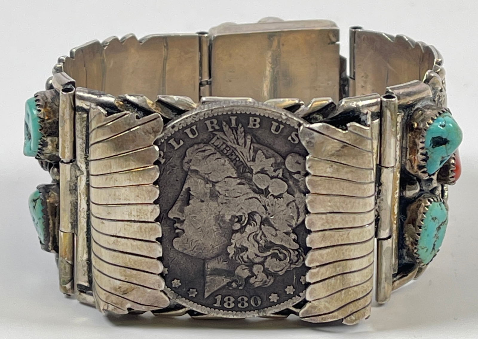 Native American Navajo Sterling Silver Turquoise & Coral Bracelet (1 of 4)