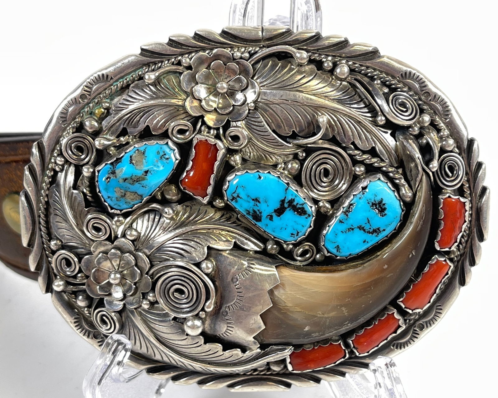 Old Pawn Navajo Native American Turquoise Coral & Bear Claw Belt Buckle (1 of 6)