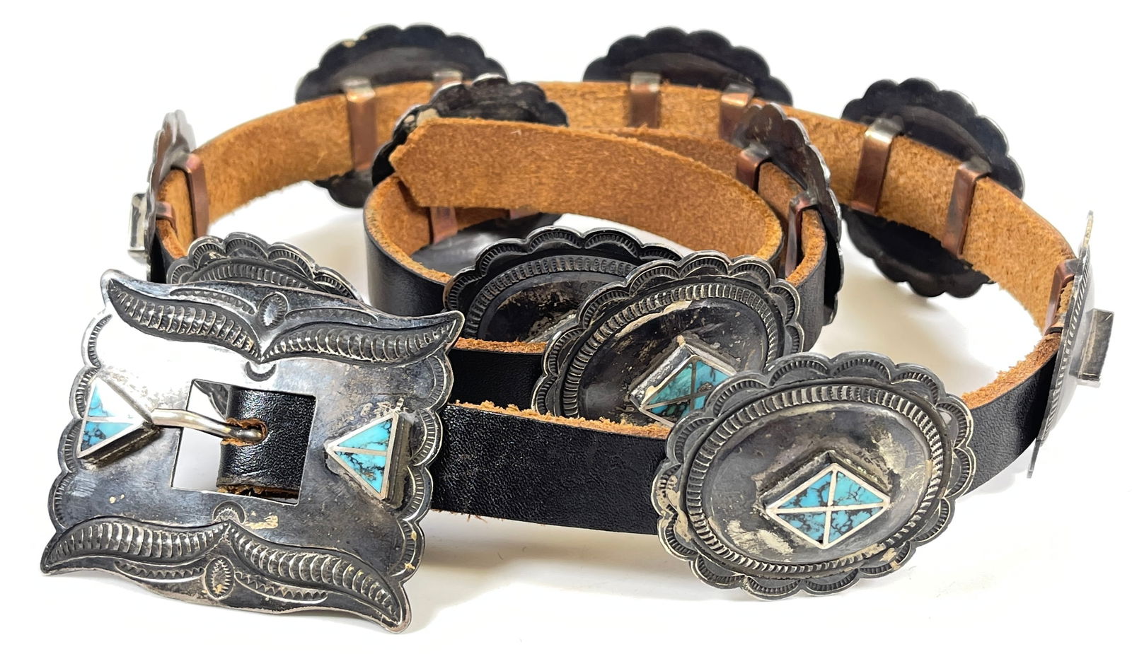 Roger Skeet, Jr., Stamped Sterling Silver & Turquoise Concho Belt ca. 1960 (1 of 4)