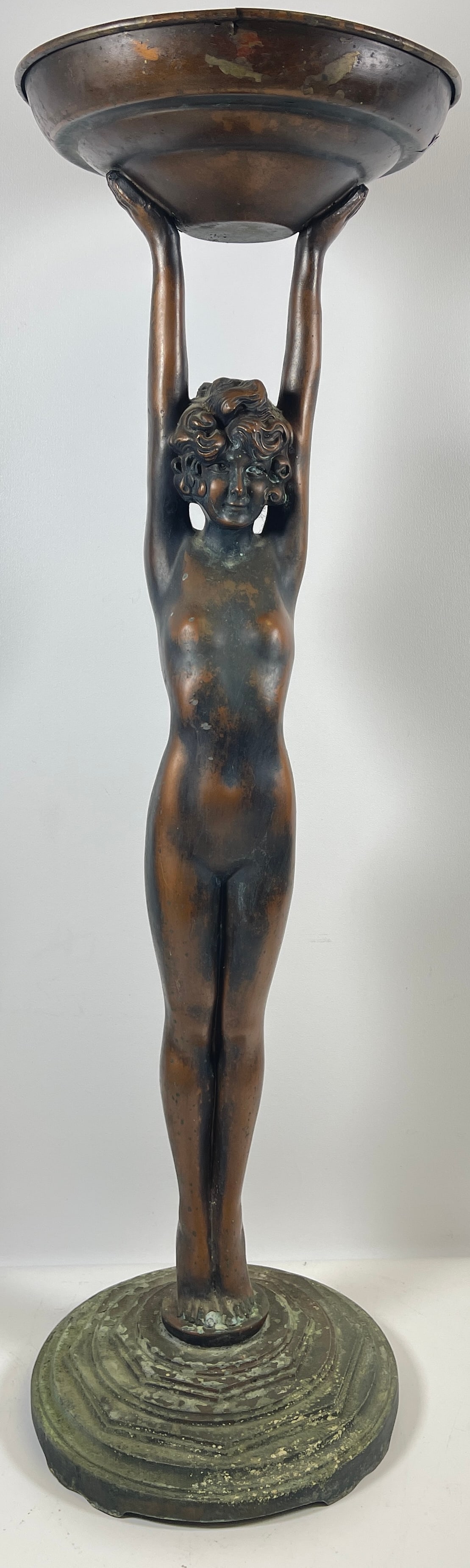 Art Deco Patinated Metal Floor Standing Ashtray Frankart: Possibly frankart, art deco nude ashtray / coin dish. Measures 26 inches high, 8 inches diameter across base. Overall fair condition, patina loss to base, cracks to top. Please see photos as they are