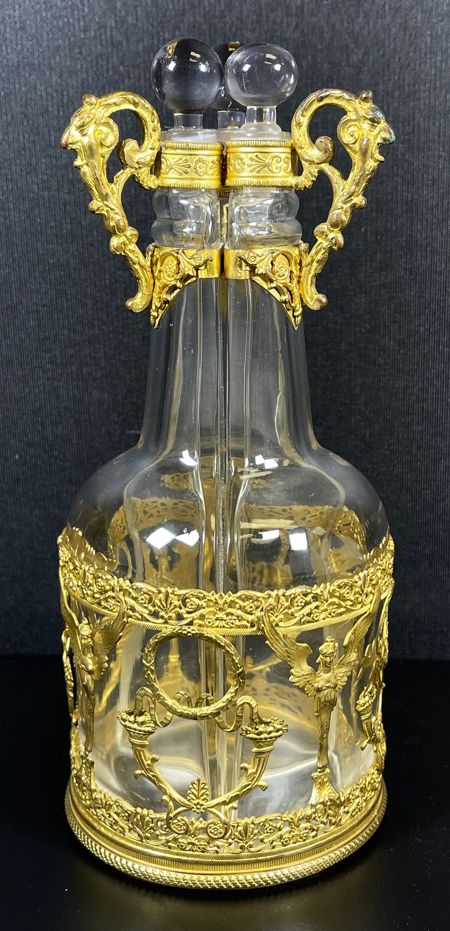 c1900 French Empire Style Triple Crystal Perfume Bottles in Gilt Bronze Stand (1 of 8)