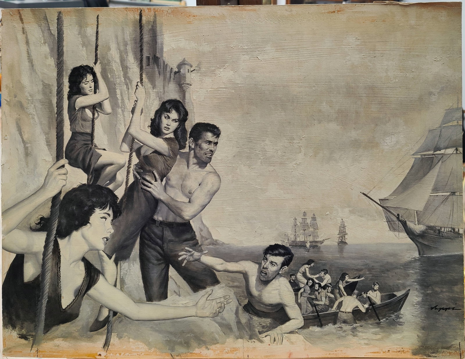 Rudy Nappi Illustration for an Unknown Work, Ship Rescue: Rudy Nappi (New York, 1923 - 2015) O/B illustration in B&W of a Ship's Rescue. Good condition, with toning, glue residue around the perimeter, edge wear and scuffing. Signed lower right. A very well d