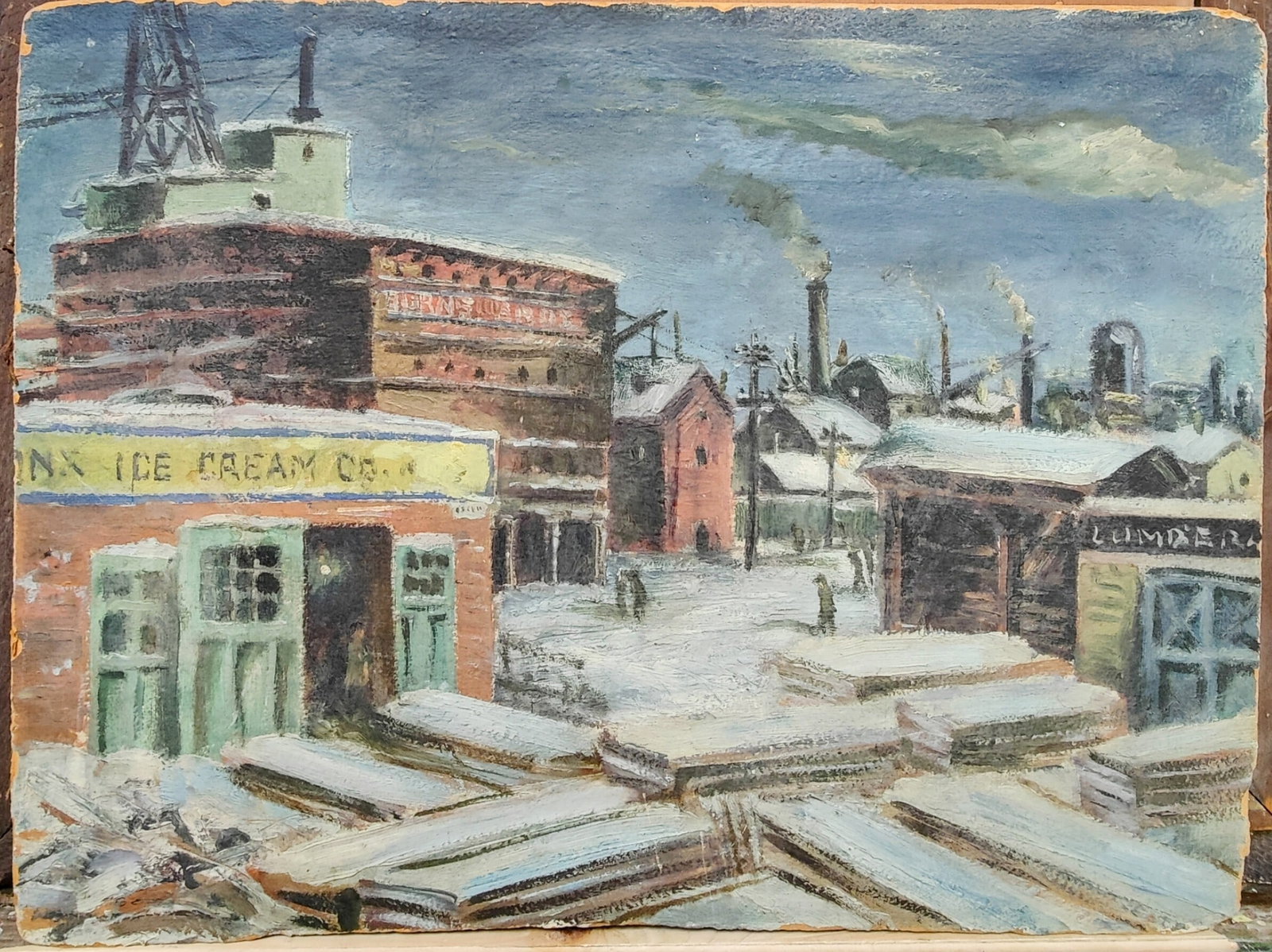 Oscar Fisher Industrial NYC Ice Cream & Lumber Factory: A WPA Era and style O/B Industrial Winter scene of a NYC Factory Area with an Ice Cream Co. and Lumber Yard c. 1930s. Good condition, with checking to the paint and edge wear chipping to the perimeter