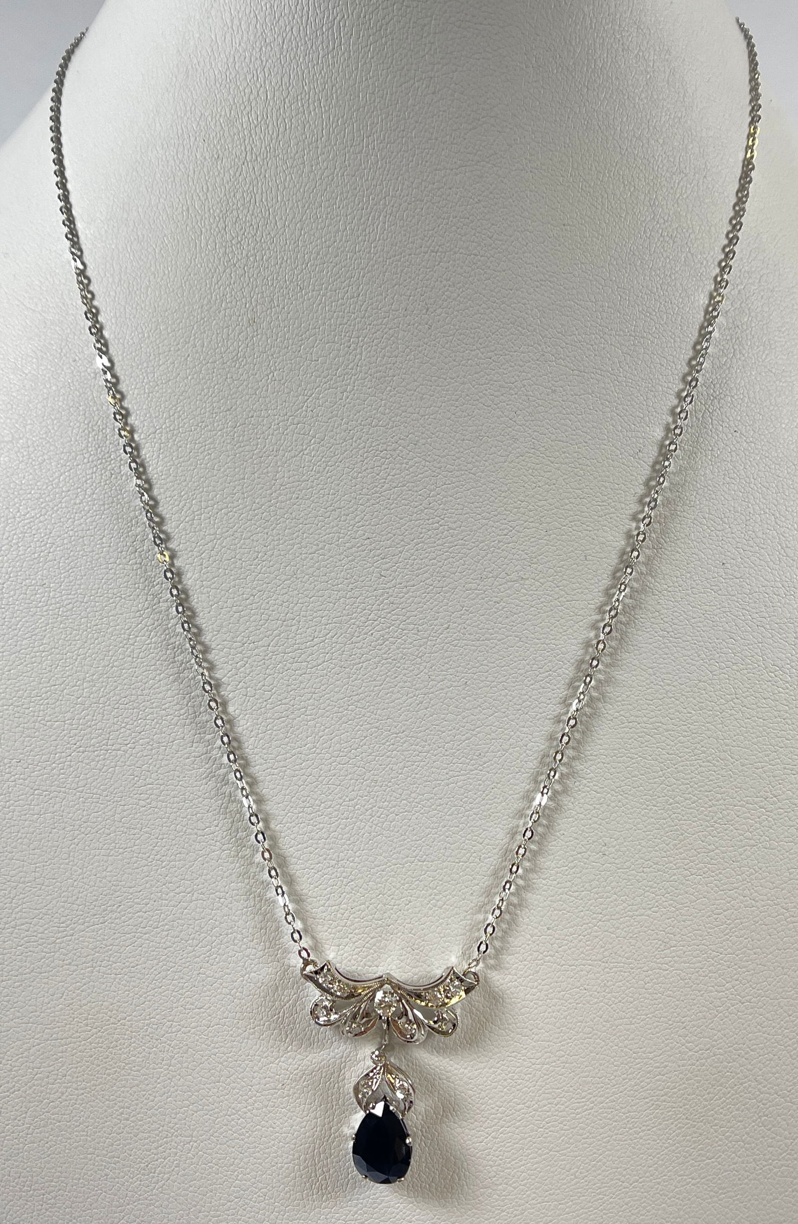 Victorian 14k White Gold Diamond & Sapphire Necklace (1 of 3)