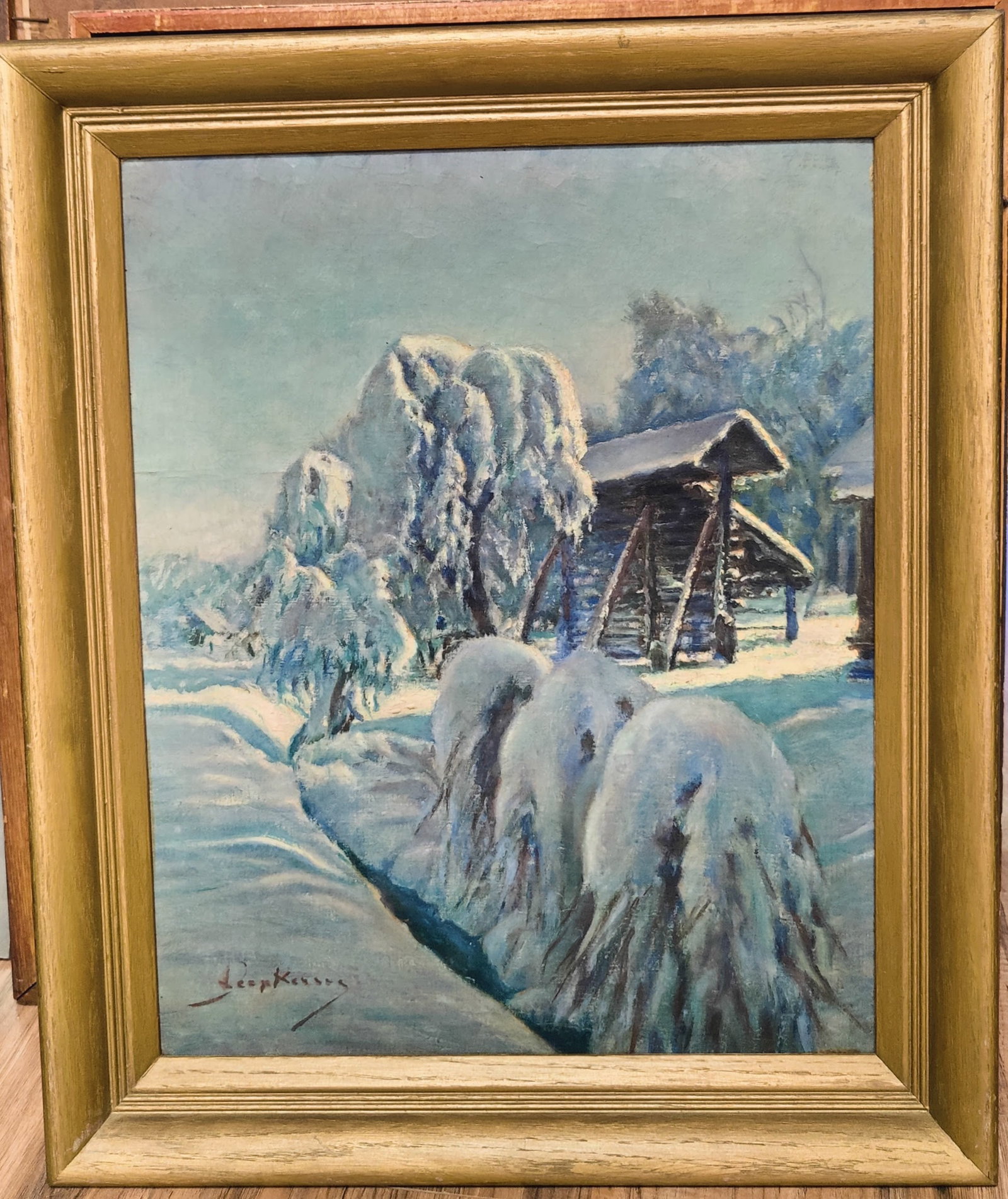 Illegibly Signed O/B Snowy European Landscape: Very good condition European School O/B painting of a snow covered landscape. Nicely period framed in a gold painted wood frame. Signed lower left. 15.25" x 19" sight.