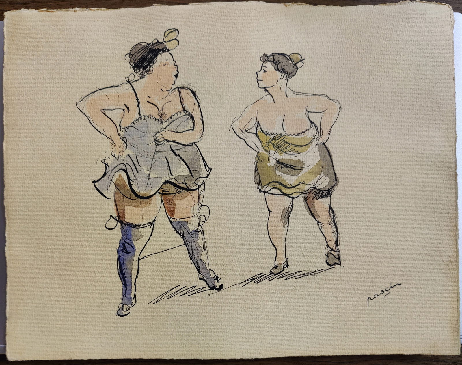 Jules Pascin Pen, Ink and W/C 2 Women in a Brothel: Jules Pascin (New York, France, Bulgaria, 1885 - 1930) pen and ink and watercolor study of 2 Nude Women at a Brothel. An early 20th c. Modernist Study work on paper by Pascin and signed lower right. G