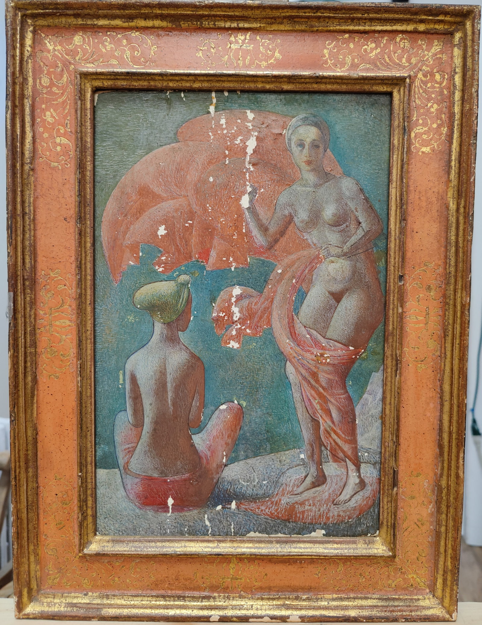Attributed to Dutka O/B Ukrainian Nymphs by the River: A modernist view of Ukrainian Nymphs in the Nude by the River. Painting is noted on the verso Dutka. Fair condition, with scuffing, paint loss and scratching. Nicely framed in a gilt decorated framing