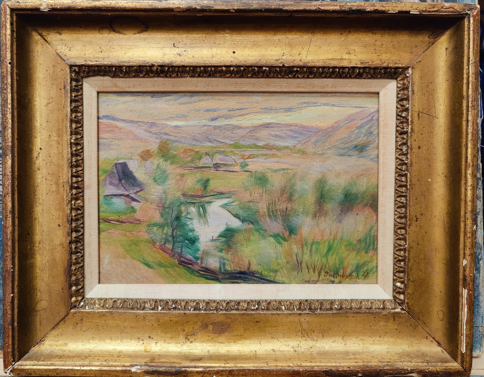 Mykola Butovych O/B Eastern European Landscape 1927: Mykola Butovych (Ukraine, New Jersey, 1895 - 1961) O/B Modernist Eastern European Landscape dated 1927. Very good condition and period framed. Frame has wear and chipping. Signed and dated 27 lower ri