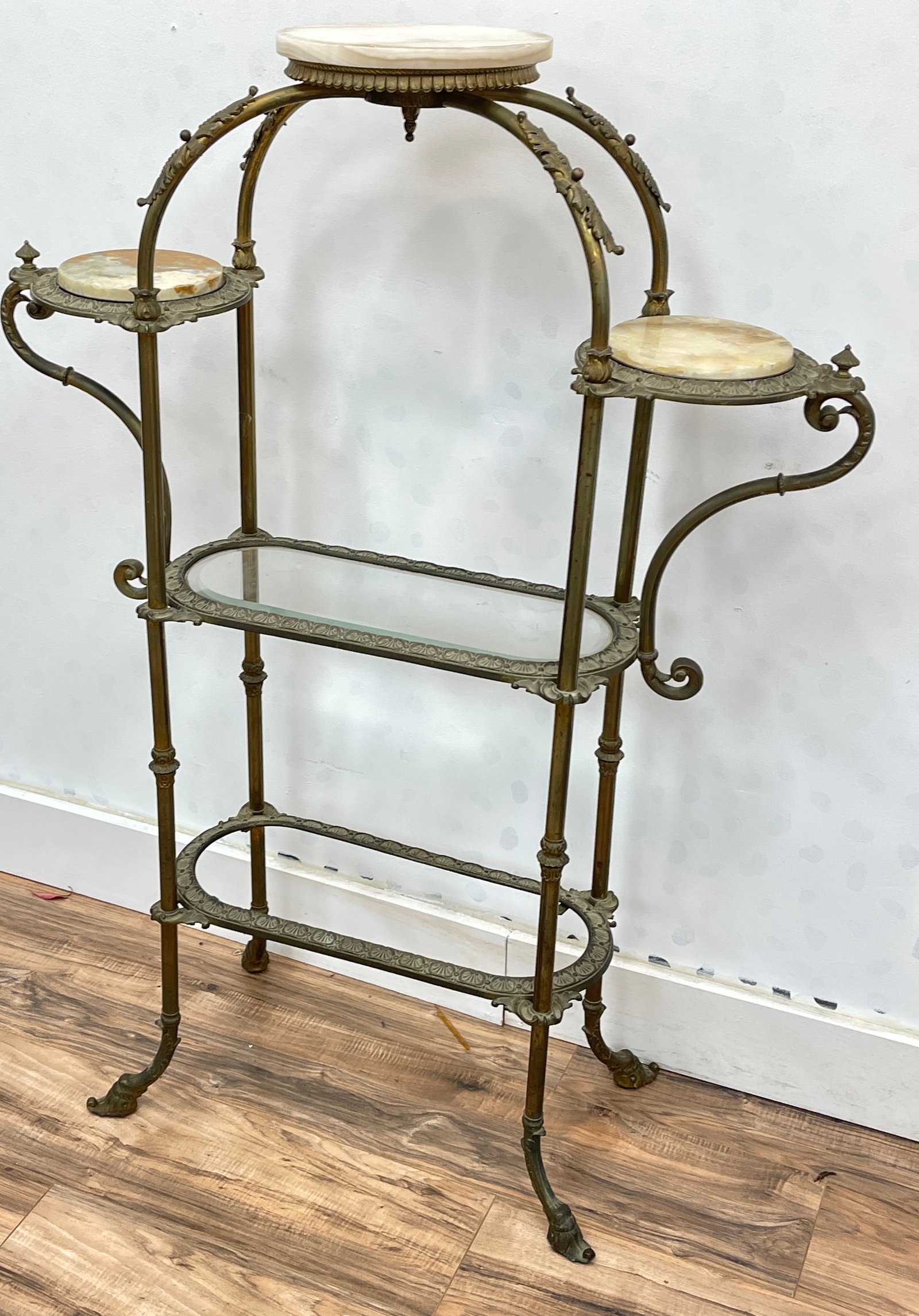 Victorian Bronze & Onyx Etegere: Green onyx etegere. Overall good condition. Missing one glass shelf on bottom.