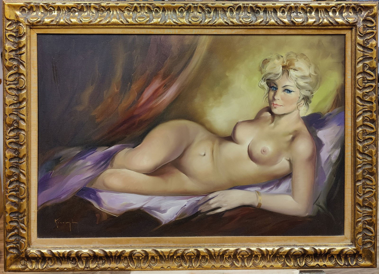 Illegibly Signed O/C Lounging Female Nude Style of Pal Fried: An illegibly signed O/C painting of a beautiful lounging blonde hair nude in the style of Pal Fried c. 1970s. Painting is signed lower left. Very good condition and in an ornately decorated gilt frame