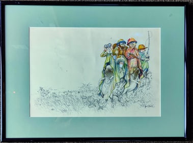 Jos Smith Illustration Four Sportsman on Pigs on the Hunt