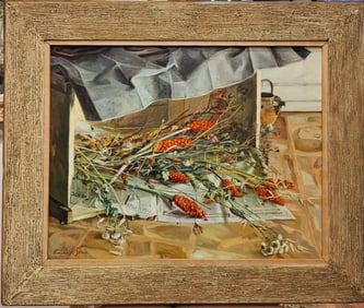 Emilio A Serio O/C Still Life Dried Flowers on Newspaper