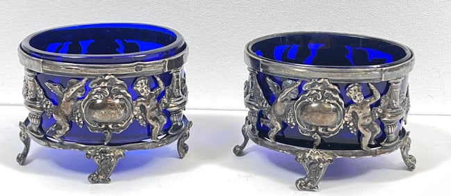 19th Century Pair of Continental Silver Salts with Cobalt Blue Glass Liners