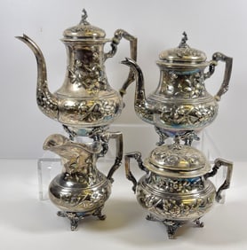 19th Century German Repousse 4 Piece Silver Tea Set Breidenstein & Renaud