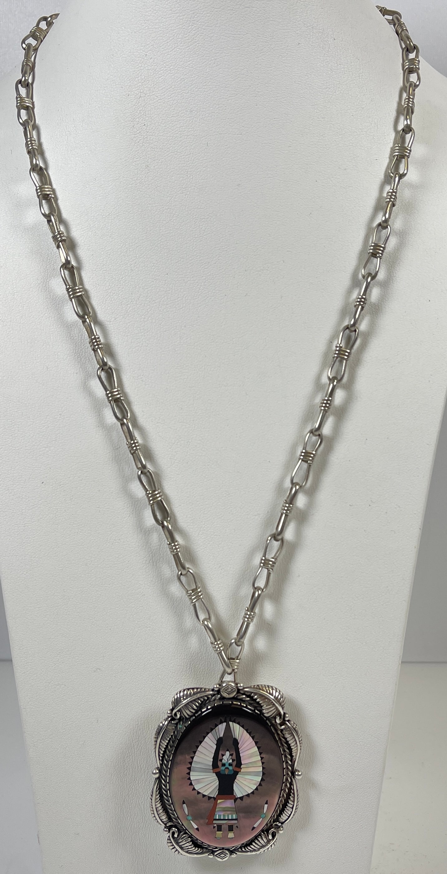Signed Zuni Inlaid Sterling Silver Pendant with Chain (1 of 4)