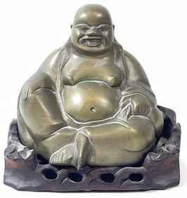 Chinese Republic Period Cast Brass Buddha on Teakwood Stand