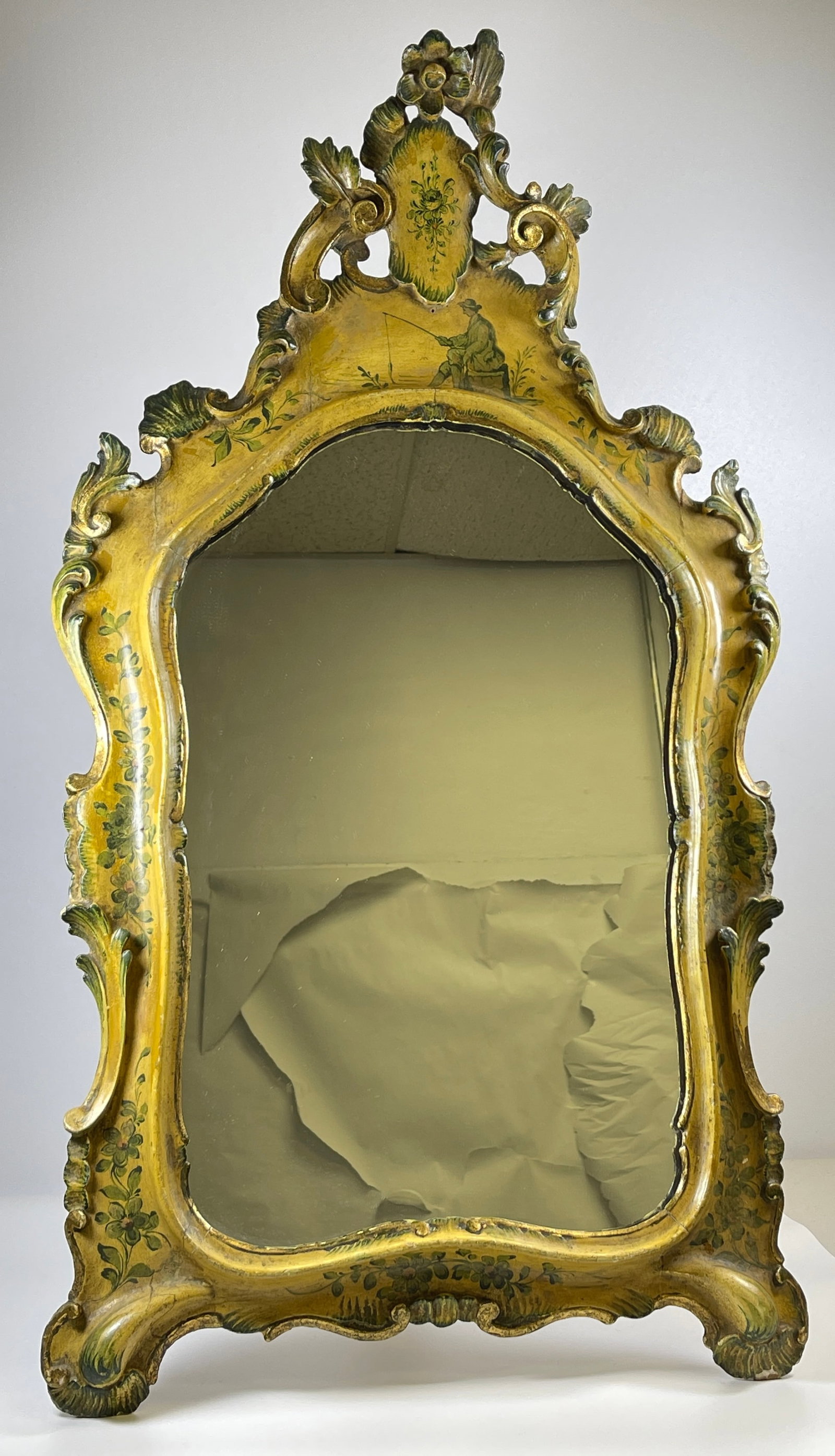 Hand Painted Carved Wood Continental Vanity Table Mirror: Paint decorated on both the front and back. Overall very good condition. Measures 37 inches high x 17 inches wide.