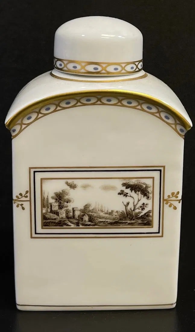 Richard Ginori Fiesole Tea Caddy: Richard Ginori tea caddy in the Fiesole pattern. Featuring a landscape view of the Italian countryside this item features finely detailed hand painting and excellent gilding. Measuring 5 in high x by 