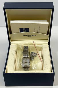 Raymond Weil Ladies Tank Tango & MOP Diamond Watch: The watch has a rectangle shape face, diamonds dial, and hand diamonds style markers. It is completed with a stainless steel band that opens and closes with a push-button double fold over. Case is 18m