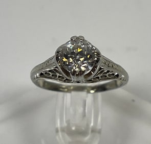 Art Deco 14k White Gold Filigree .65 Diamond Ring size 6