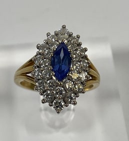 Vintage 18k Yellow Gold Diamond & Sapphire Cocktail Ring size 7.5