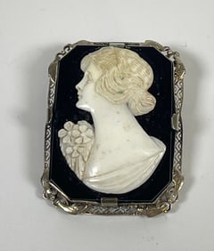 Edwardian Filigree 14K White Gold & Black Onyx Cameo Pendant / Brooch