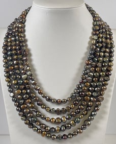 Vintage Sterling Silver & Black Freshwater Pearl 5 Strand Necklace